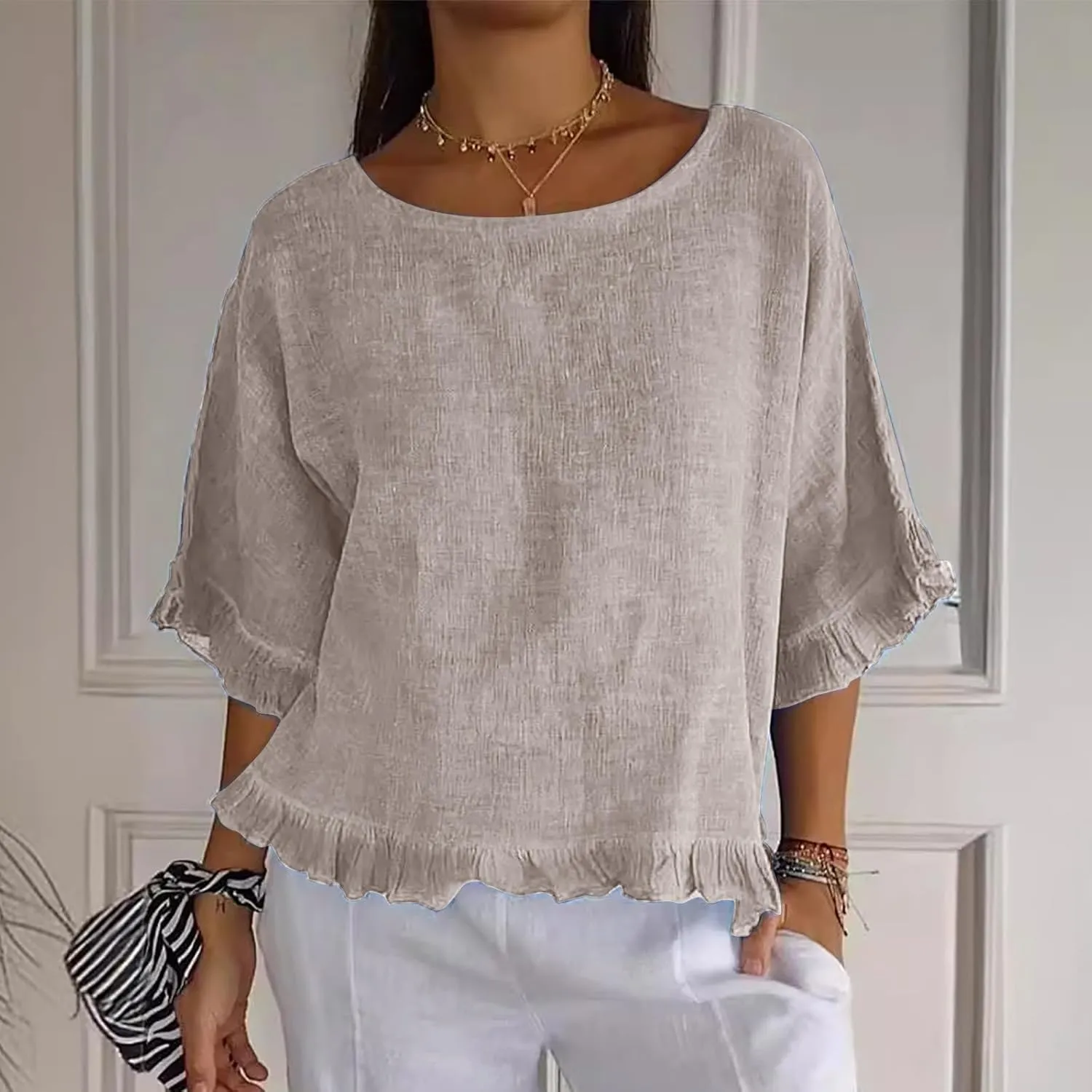 Women Round Neck Ruffled Hem Cotton Linen Tops 2025 Summer Short Sleeve Solid Color Pullover Tunic Elegant Blouse Tee