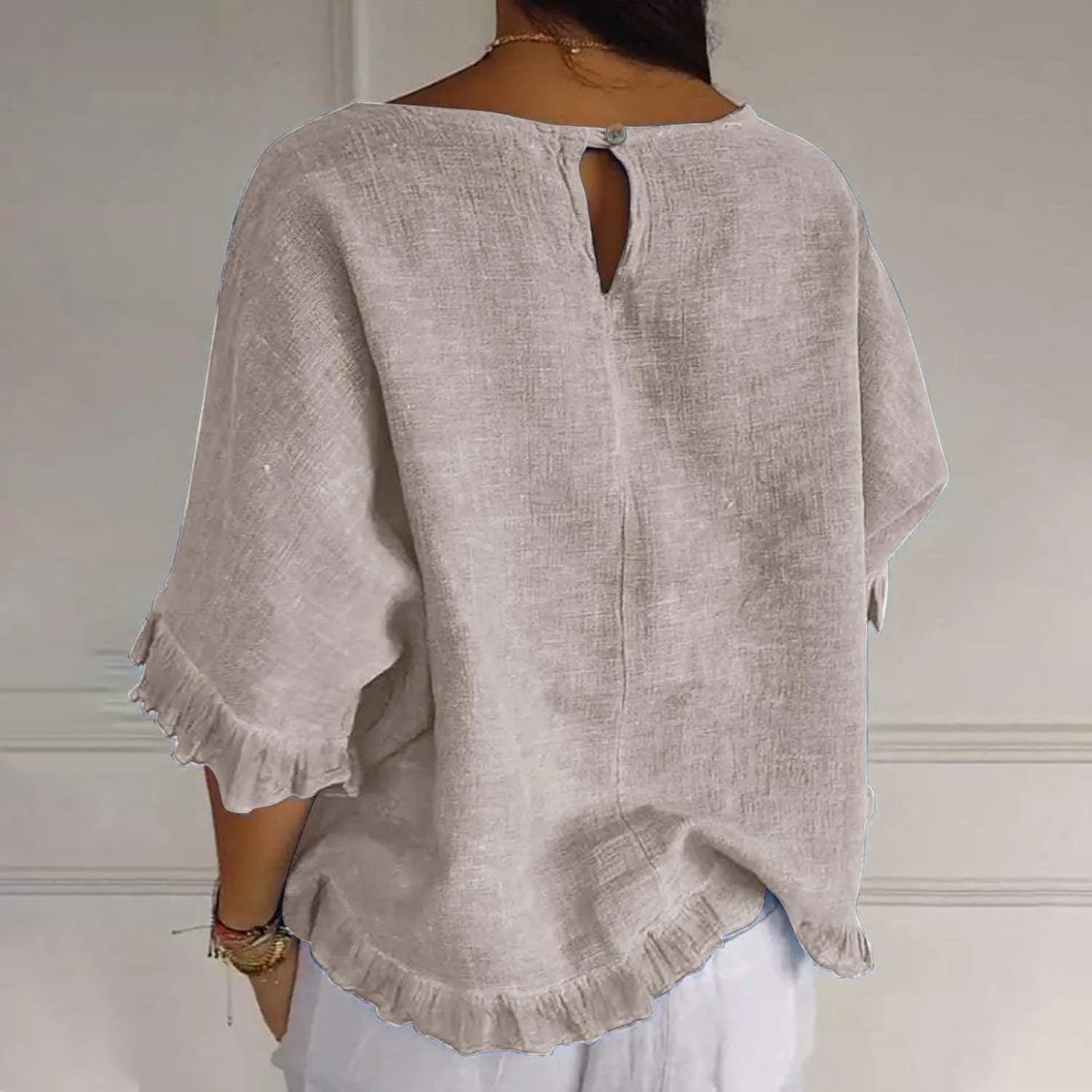 Women Round Neck Ruffled Hem Cotton Linen Tops 2025 Summer Short Sleeve Solid Color Pullover Tunic Elegant Blouse Tee