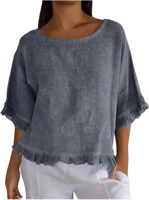Women Round Neck Ruffled Hem Cotton Linen Tops 2025 Summer Short Sleeve Solid Color Pullover Tunic Elegant Blouse Tee