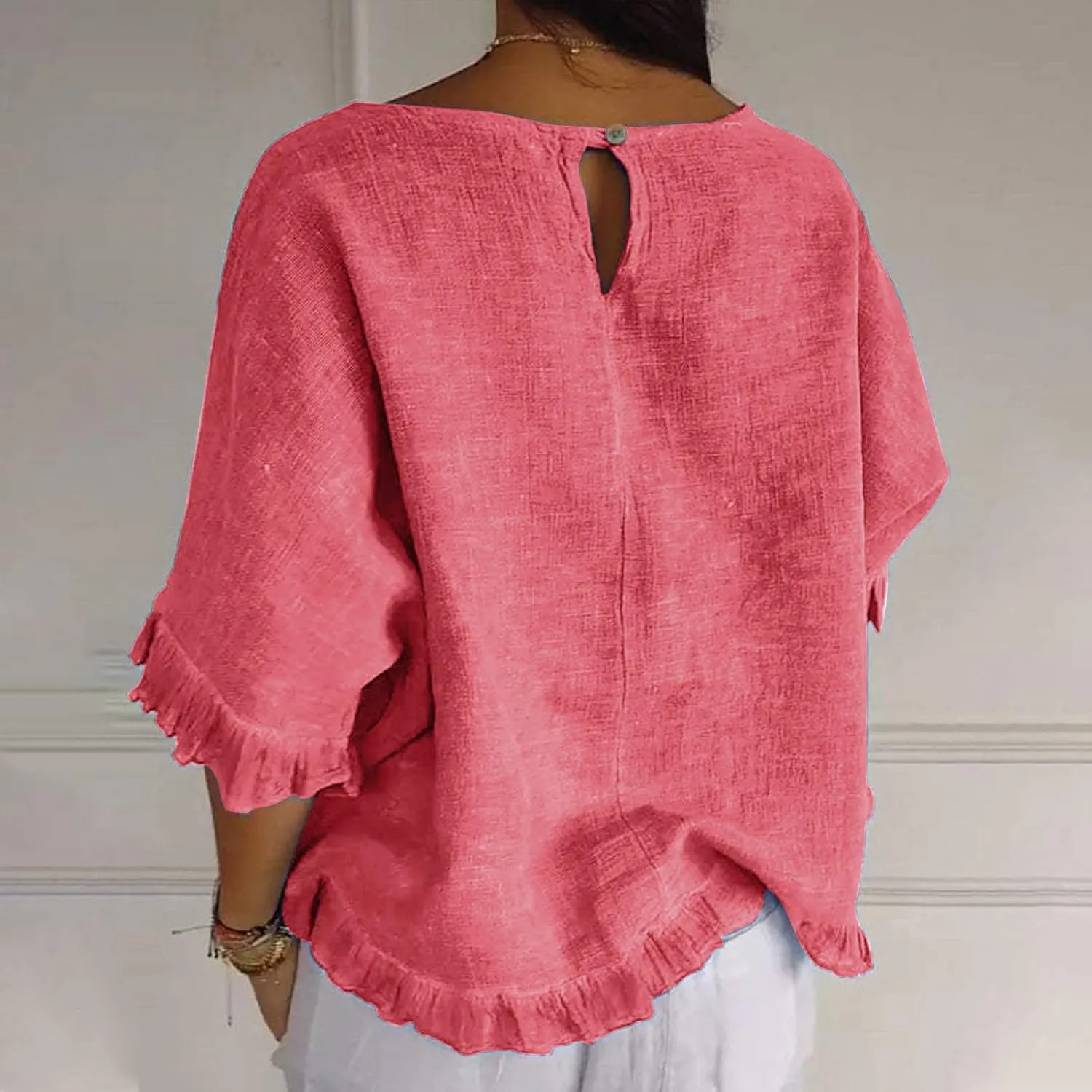 Women Round Neck Ruffled Hem Cotton Linen Tops 2025 Summer Short Sleeve Solid Color Pullover Tunic Elegant Blouse Tee