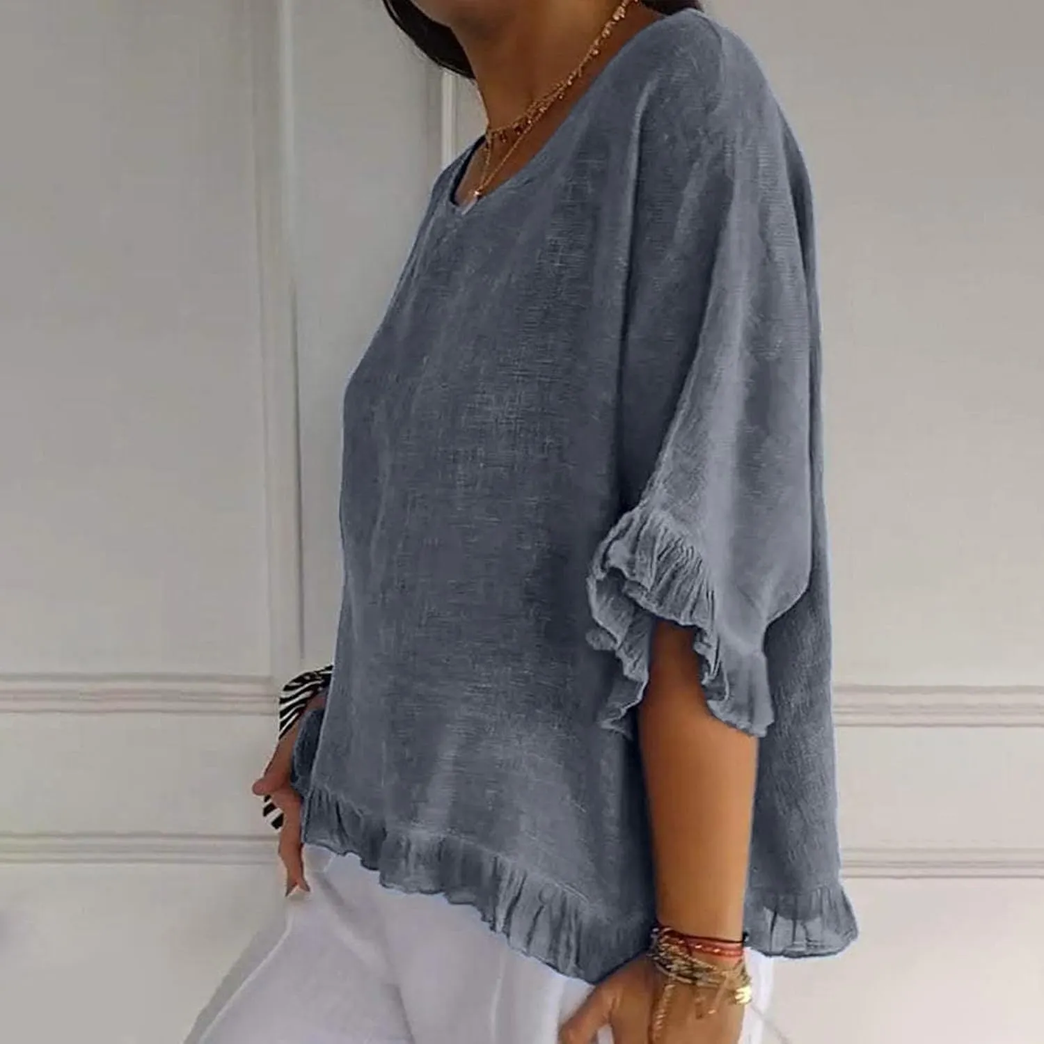 Women Round Neck Ruffled Hem Cotton Linen Tops 2025 Summer Short Sleeve Solid Color Pullover Tunic Elegant Blouse Tee