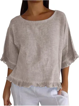 Women Round Neck Ruffled Hem Cotton Linen Tops 2025 Summer Short Sleeve Solid Color Pullover Tunic Elegant Blouse Tee