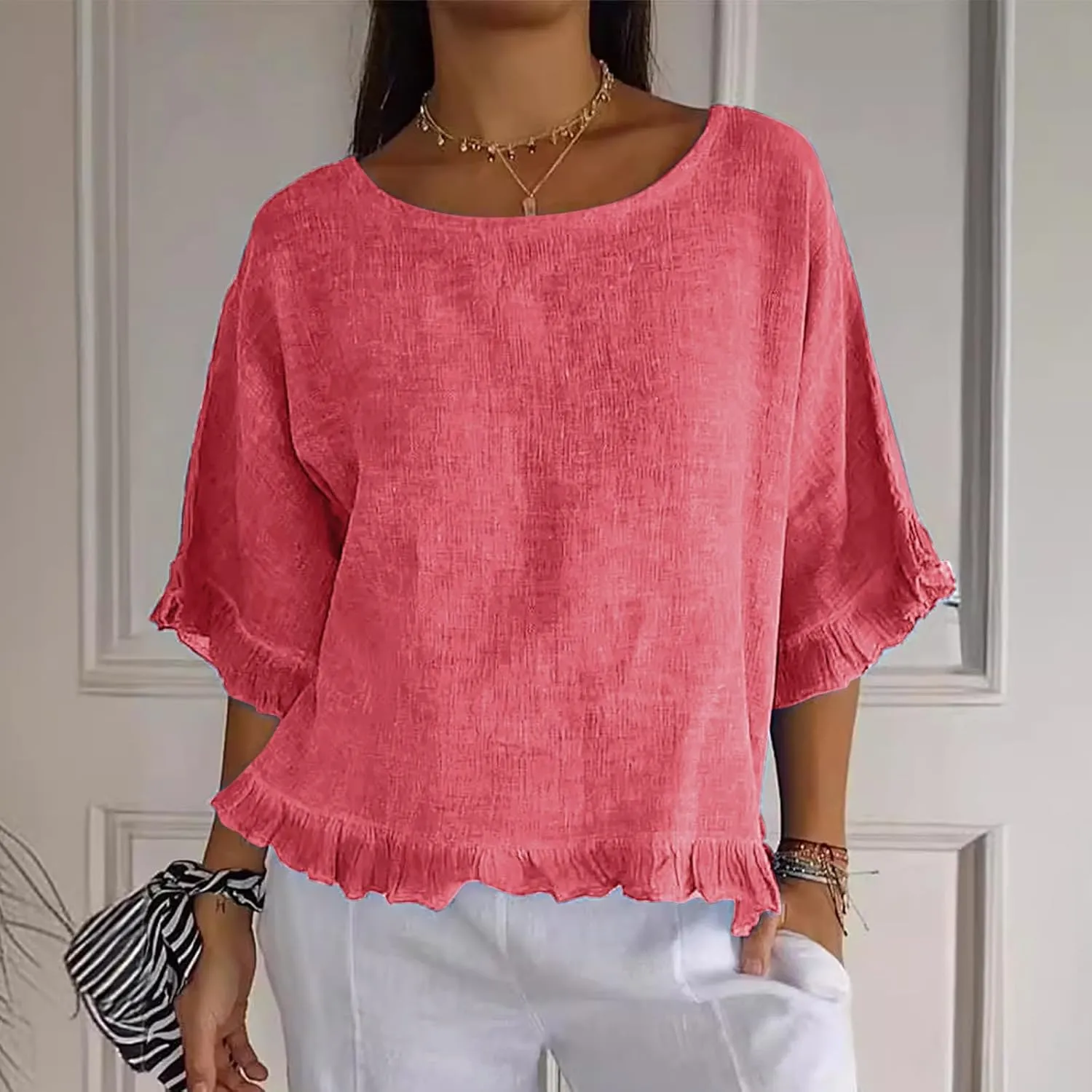 Women Round Neck Ruffled Hem Cotton Linen Tops 2025 Summer Short Sleeve Solid Color Pullover Tunic Elegant Blouse Tee