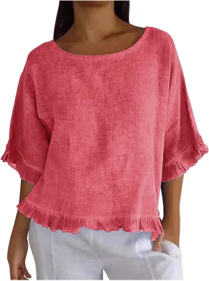 Women Round Neck Ruffled Hem Cotton Linen Tops 2025 Summer Short Sleeve Solid Color Pullover Tunic Elegant Blouse Tee