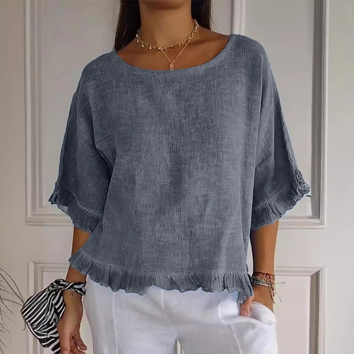 Women Round Neck Ruffled Hem Cotton Linen Tops 2025 Summer Short Sleeve Solid Color Pullover Tunic Elegant Blouse Tee