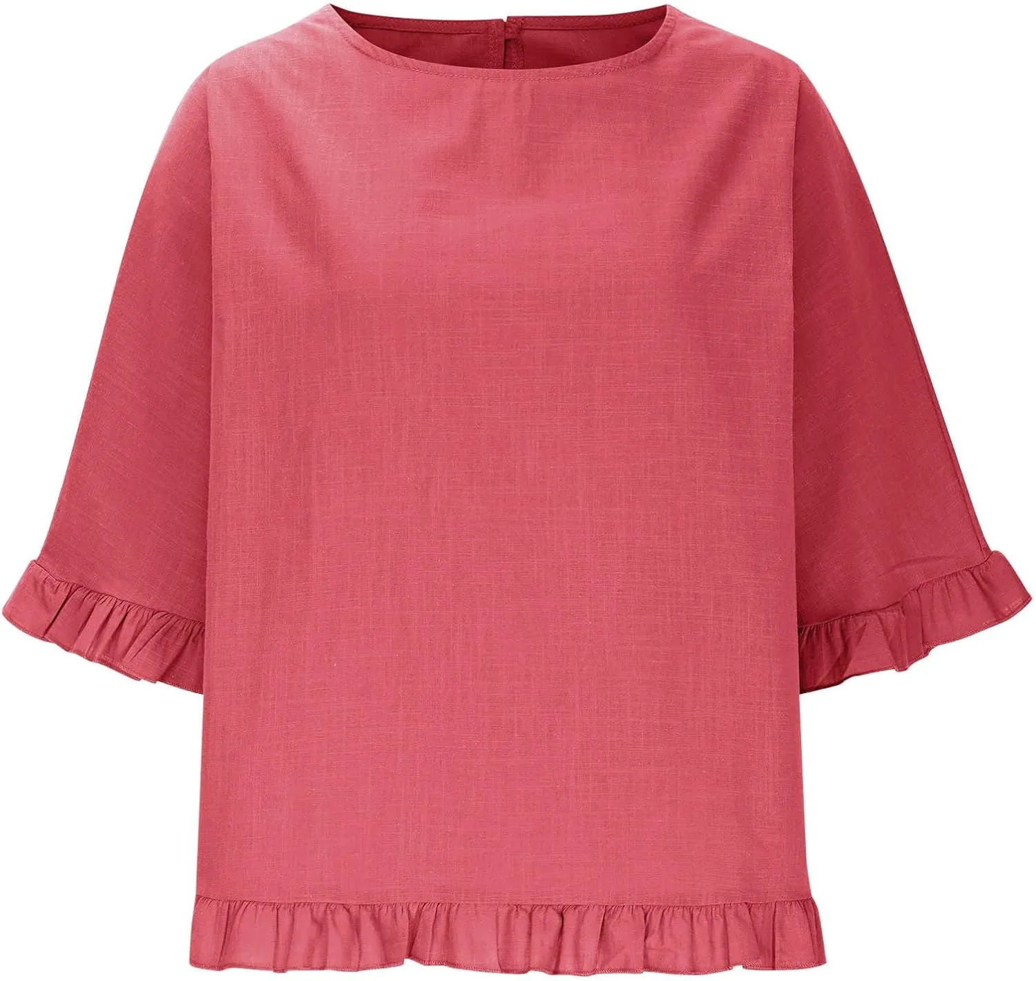 Women Round Neck Ruffled Hem Cotton Linen Tops 2025 Summer Short Sleeve Solid Color Pullover Tunic Elegant Blouse Tee