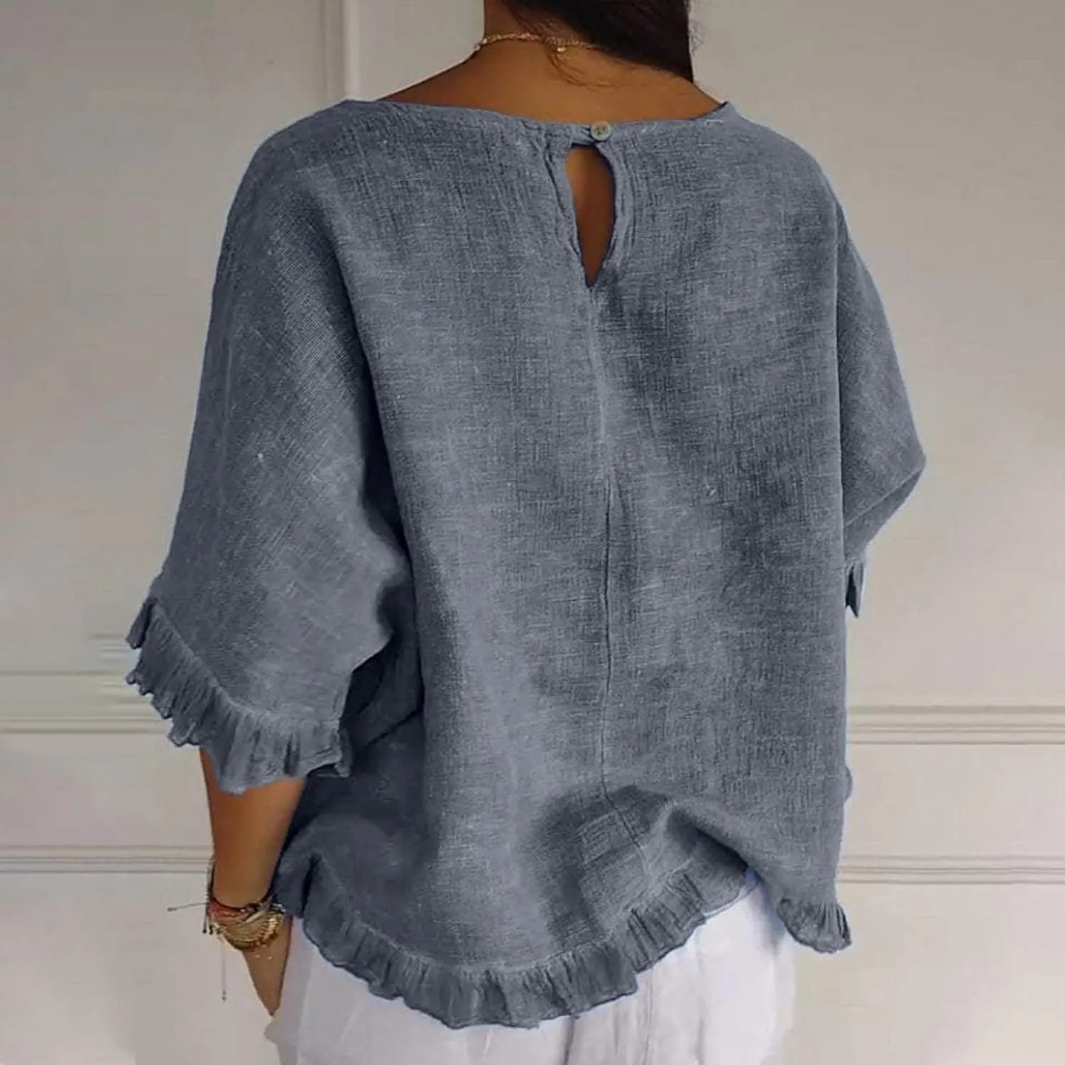 Women Round Neck Ruffled Hem Cotton Linen Tops 2025 Summer Short Sleeve Solid Color Pullover Tunic Elegant Blouse Tee