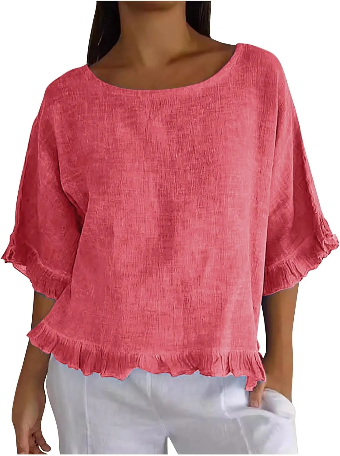 Women Round Neck Ruffled Hem Cotton Linen Tops 2025 Summer Short Sleeve Solid Color Pullover Tunic Elegant Blouse Tee