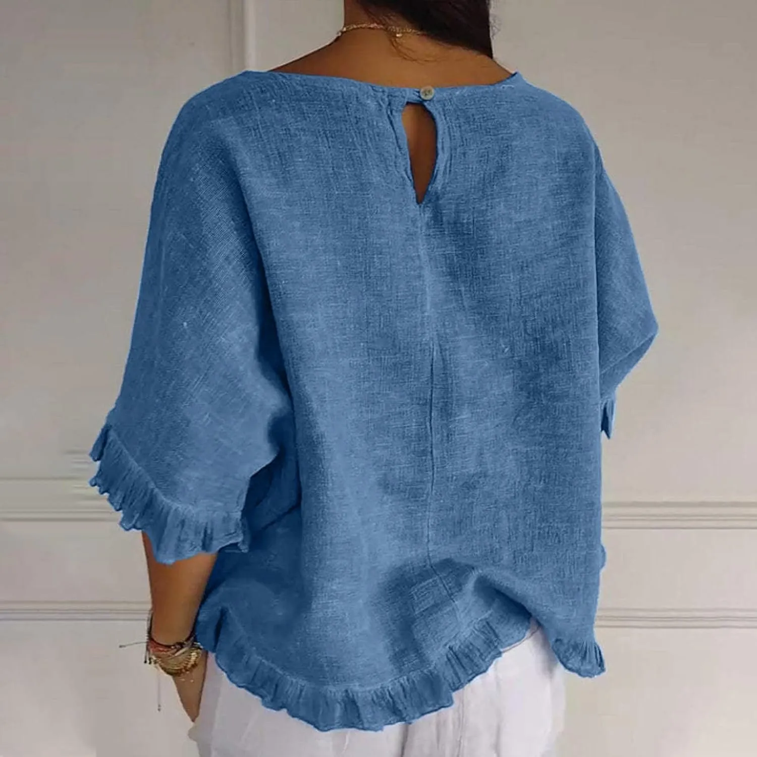 Women Round Neck Ruffled Hem Cotton Linen Tops 2025 Summer Short Sleeve Solid Color Pullover Tunic Elegant Blouse Tee
