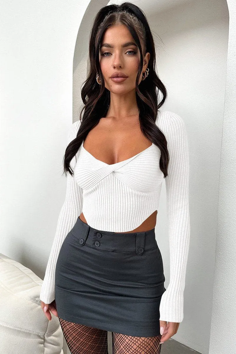 Multi Directional Zipper Placement WOMEN SEXY DEEP NECK TIGHT LONG SLEEVE CROP TOP