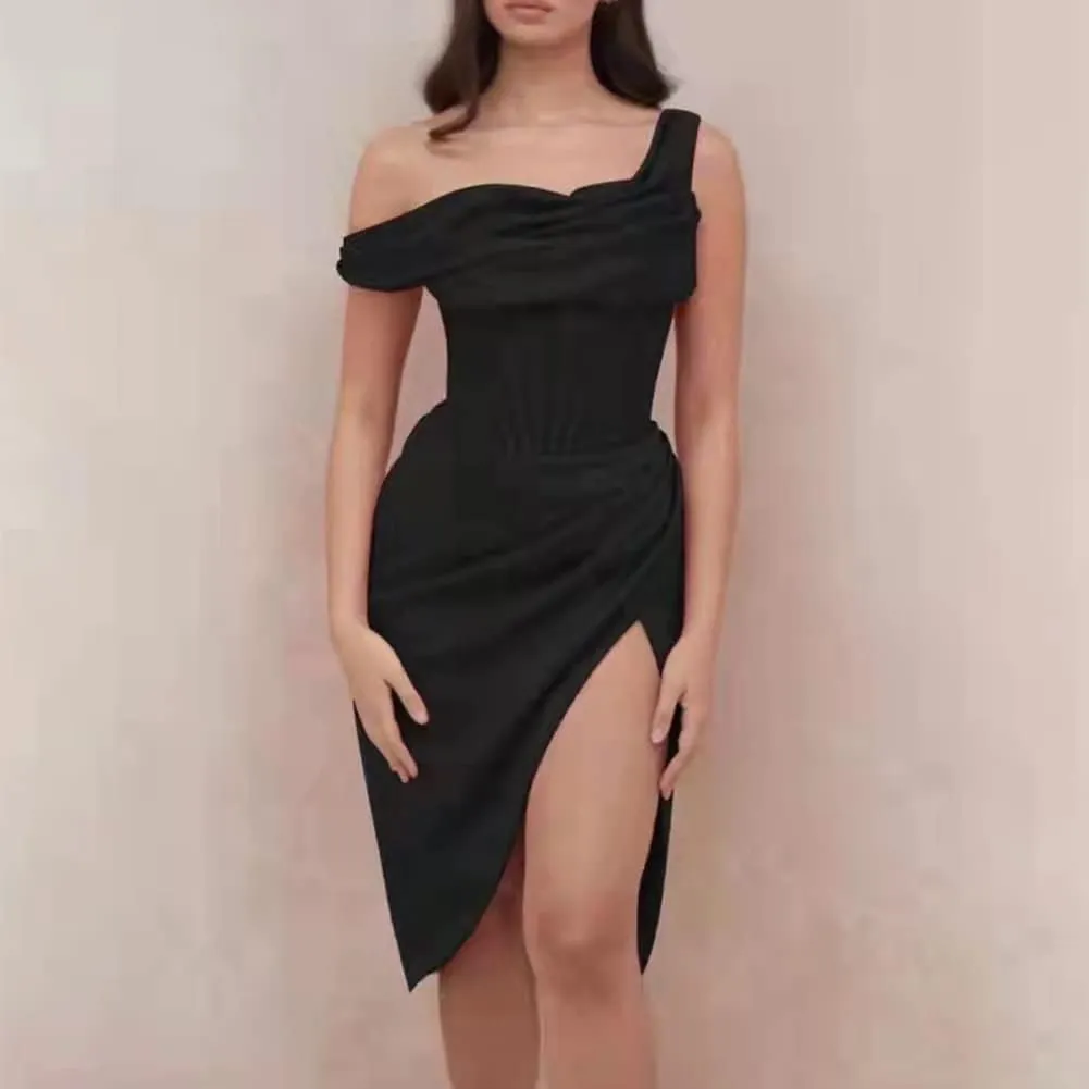 Women Sexy Ruffle One Shoulder High Split Bodycon Midi Dress Ruched Push Up Corset Satin Wedding Cocktail Party Club Dress