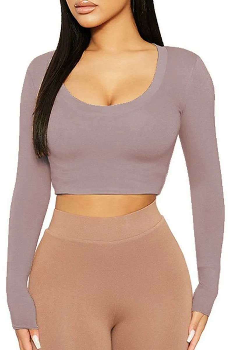 WOMEN SEXY U NECK LONG SLEEVE CROP TIGHT TOP PortableOption
