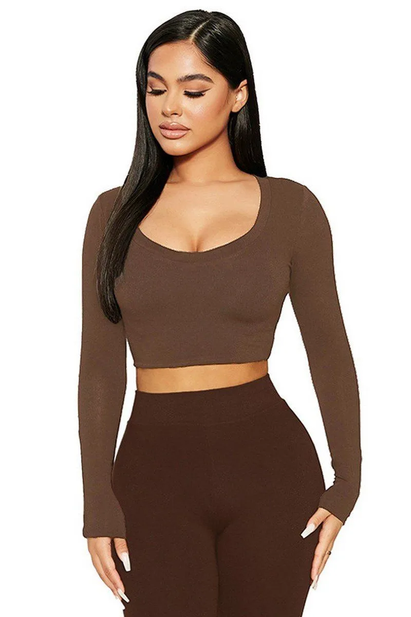 Non Irritating Seam Finish Classic Polo WOMEN SEXY U NECK LONG SLEEVE CROP TIGHT TOP