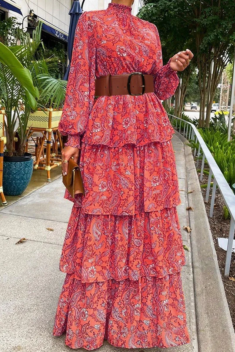 Natural Style WOMEN SHIRRED HIGH NECK BOHEMIAN TIERED DRESS
