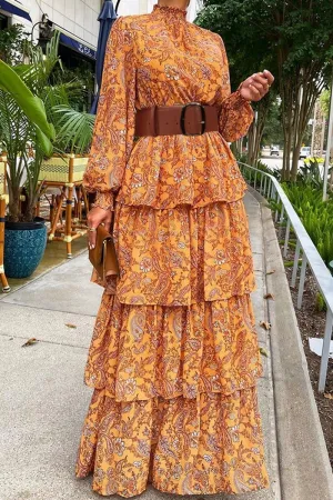 Beadwork Light Weight WOMEN SHIRRED HIGH NECK BOHEMIAN TIERED DRESS