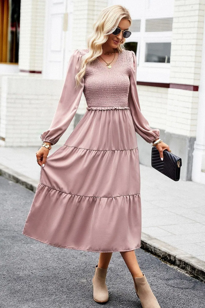Slim Touch WOMEN SMOCKED LONG SLEEVE TIERED CAKE FLOWY DRESS