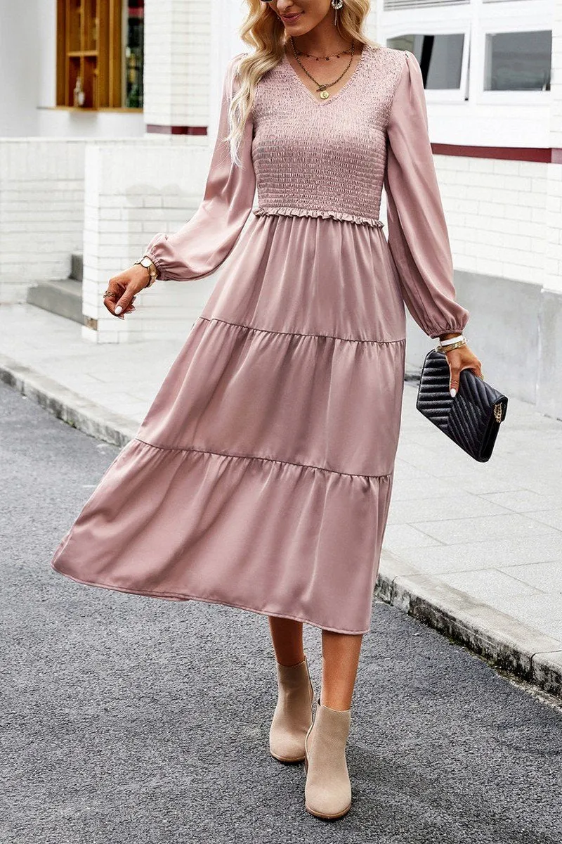 Tailored Layers Dropped-Waist WOMEN SMOCKED LONG SLEEVE TIERED CAKE FLOWY DRESS