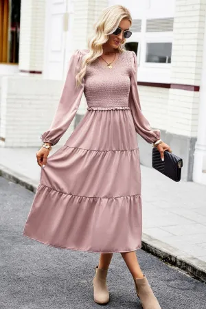 Quilted-Texture Vibrant Layer WOMEN SMOCKED LONG SLEEVE TIERED CAKE FLOWY DRESS
