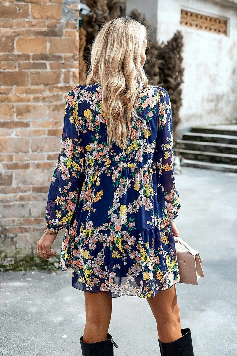 WOMEN SMOCKED NECK FLORAL LONG SLEEVE MINI DRESS DurableStitching Date-Night