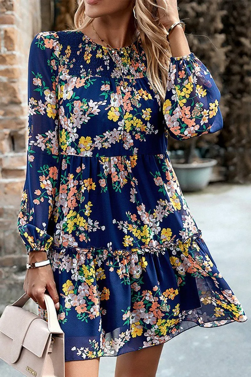 WOMEN SMOCKED NECK FLORAL LONG SLEEVE MINI DRESS Hidden Pocket