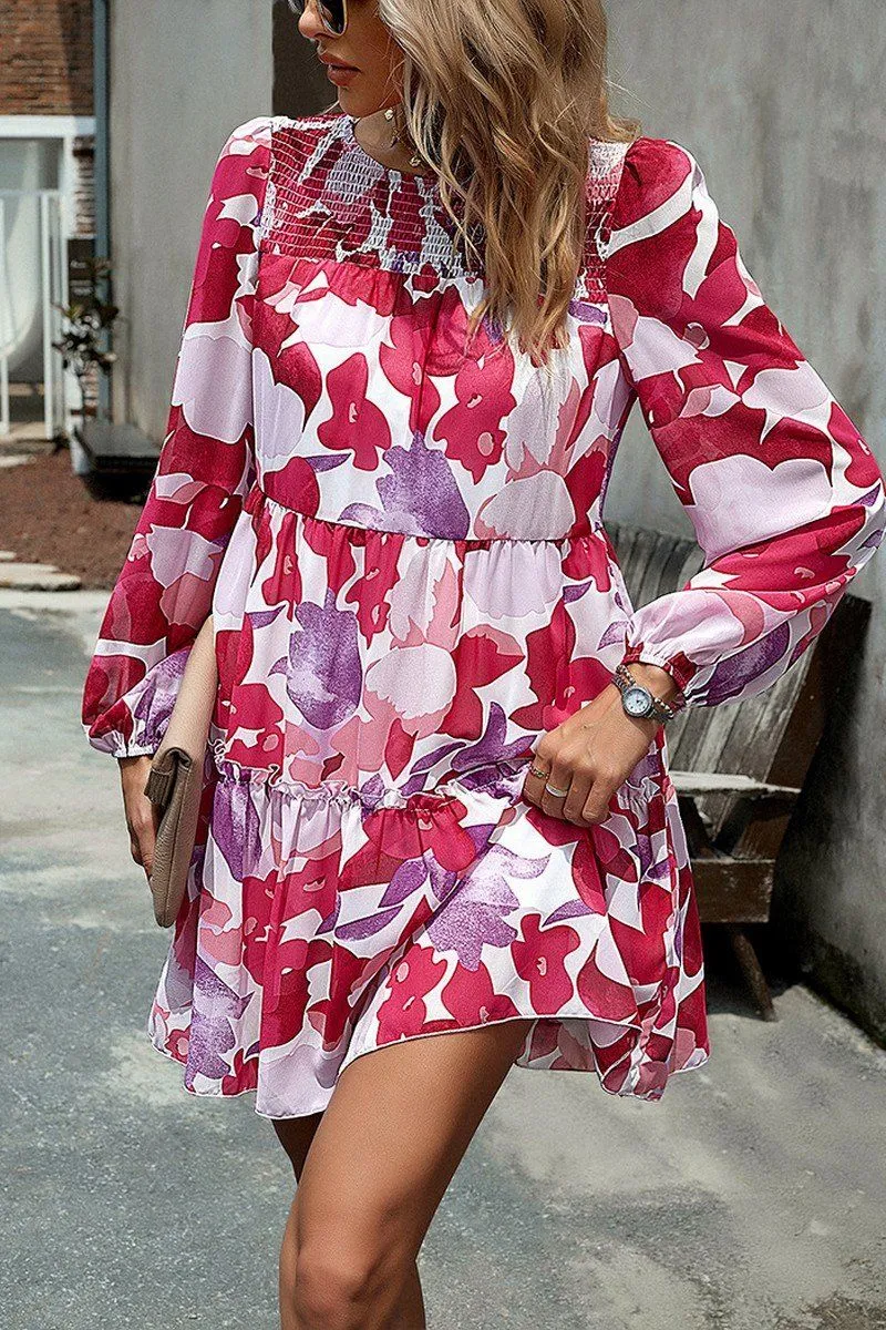 Lounge Comfort Date Ready WOMEN SMOCKED NECK FLORAL LONG SLEEVE MINI DRESS