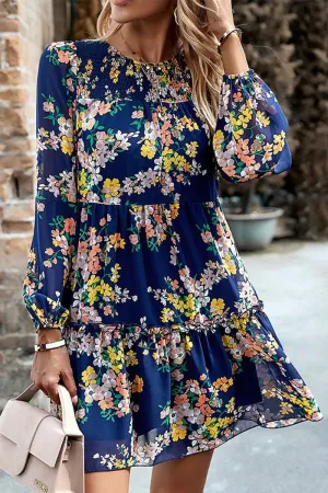 WOMEN SMOCKED NECK FLORAL LONG SLEEVE MINI DRESS Hidden Pocket