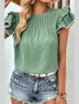 WOMEN SMOCKED RUFFLE PETAL SLEEVE TEE Casual Pullover