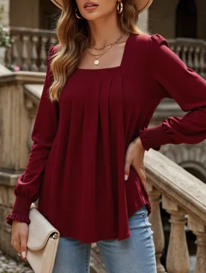WOMEN SQAURE NECK SHIRRED CUFF LONG SLEEVE BLOUSE Active Design ErgonomicSleeves