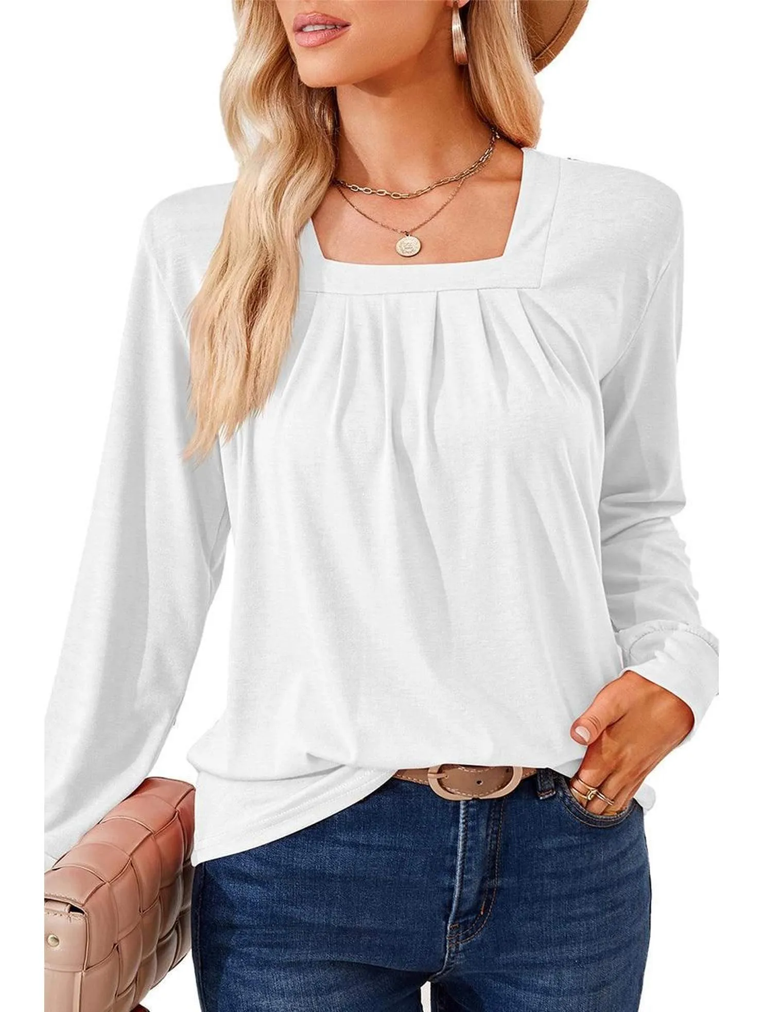 WOMEN SQUARE NECK FLUTTER LONG SLEEVE TOP Casual Style