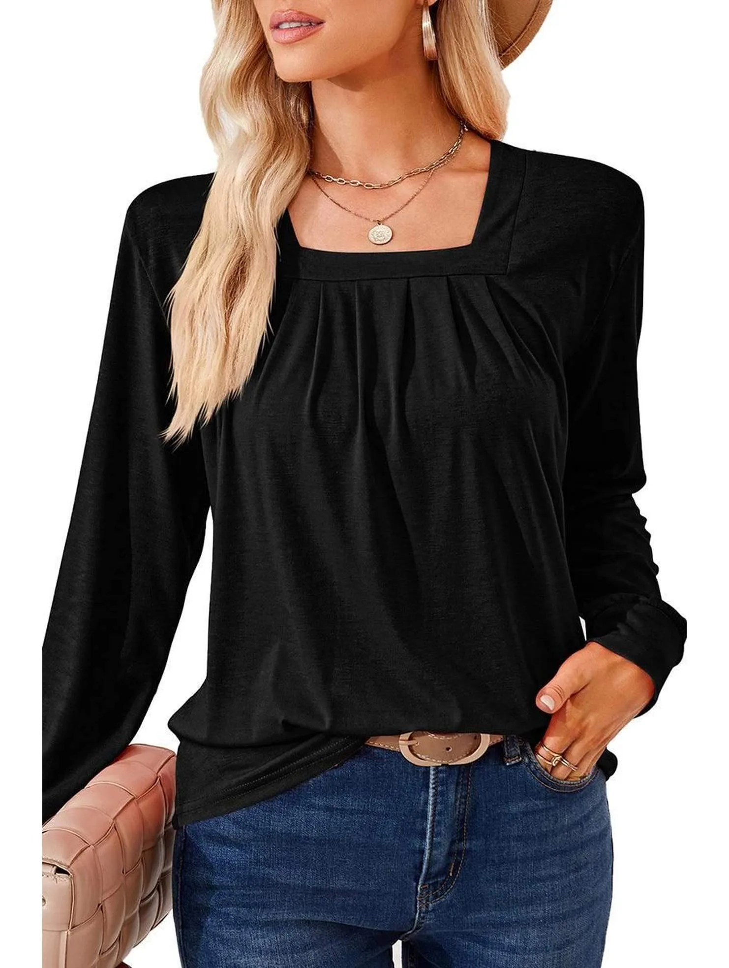 Eco Friendly Dye Process WOMEN SQUARE NECK FLUTTER LONG SLEEVE TOP