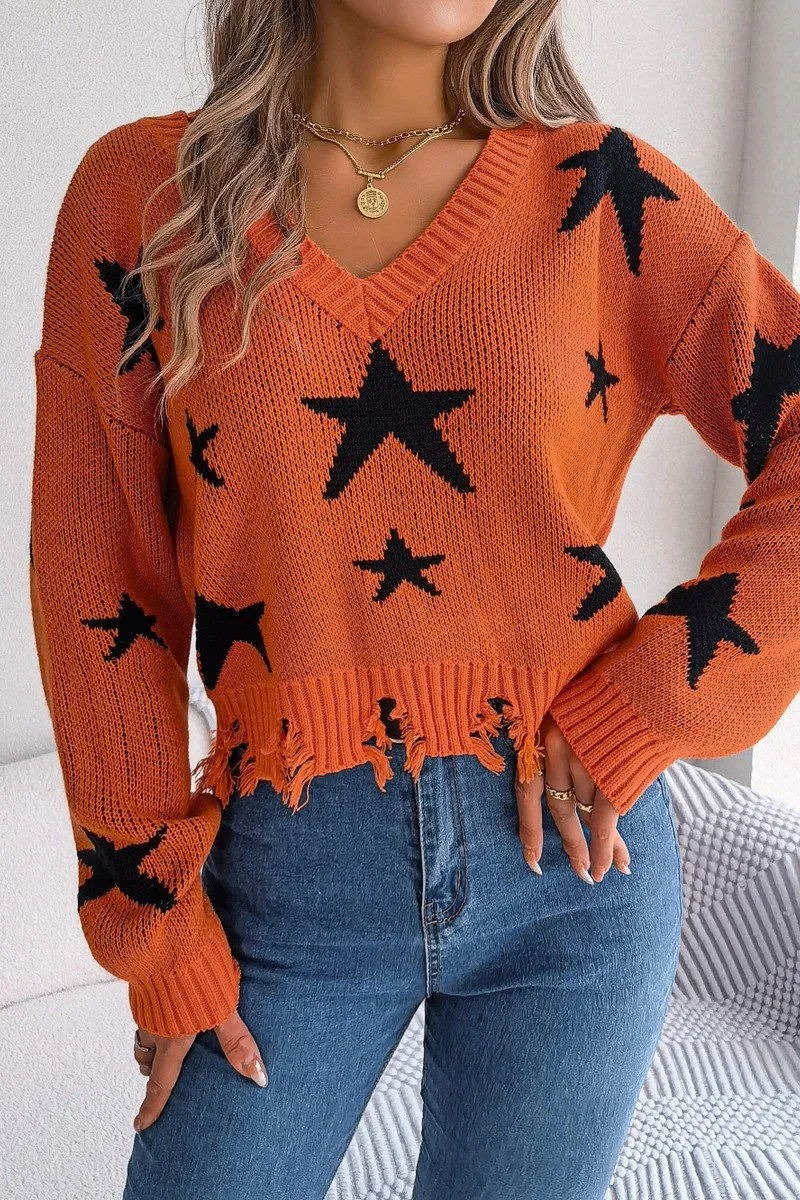 Bluesign Approved Material WOMEN STAR PRINTING DISTRESSED HEM KNIT SWEATER