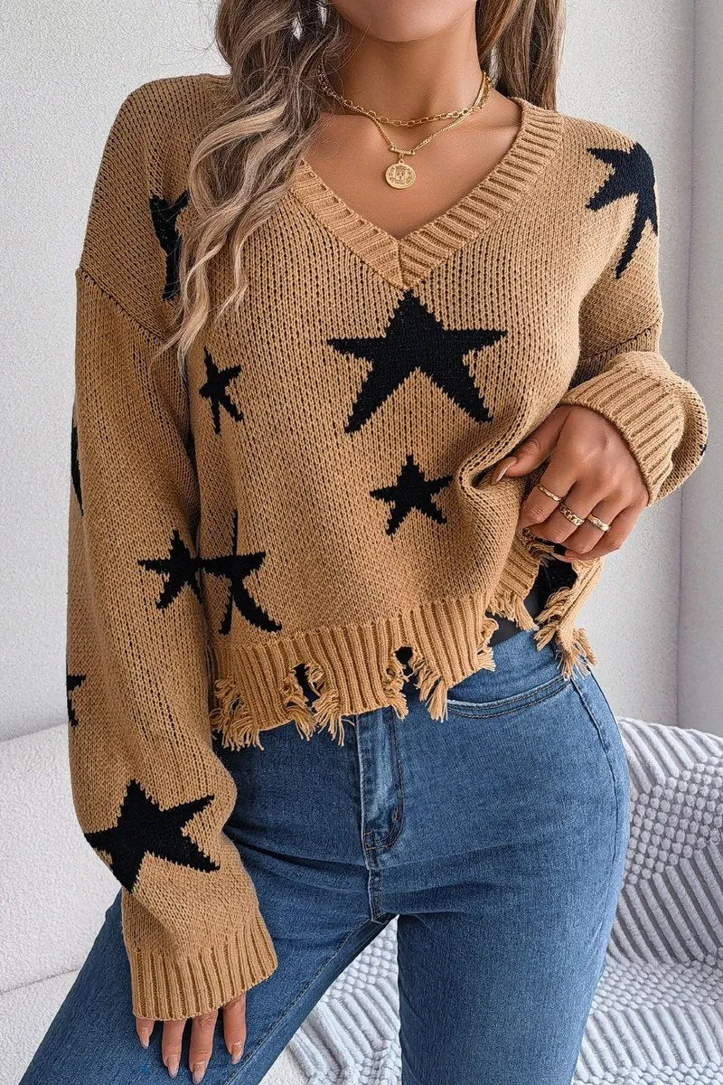 Sustainable Textile WOMEN STAR PRINTING DISTRESSED HEM KNIT SWEATER
