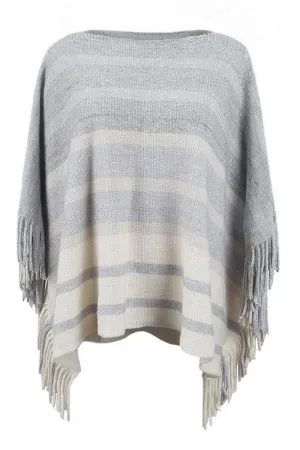 Bound Seam Edges Comfortable Cut WOMEN STRIPE COLOR BLOCK TASSEL PONCHO SHAWL