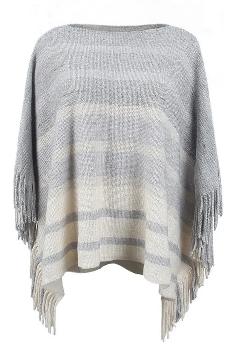 Bound Seam Edges Comfortable Cut WOMEN STRIPE COLOR BLOCK TASSEL PONCHO SHAWL