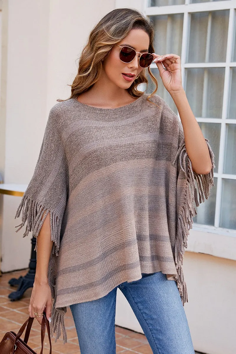 Stretch Comfort RibbedTrim WOMEN STRIPE COLOR BLOCK TASSEL PONCHO SHAWL