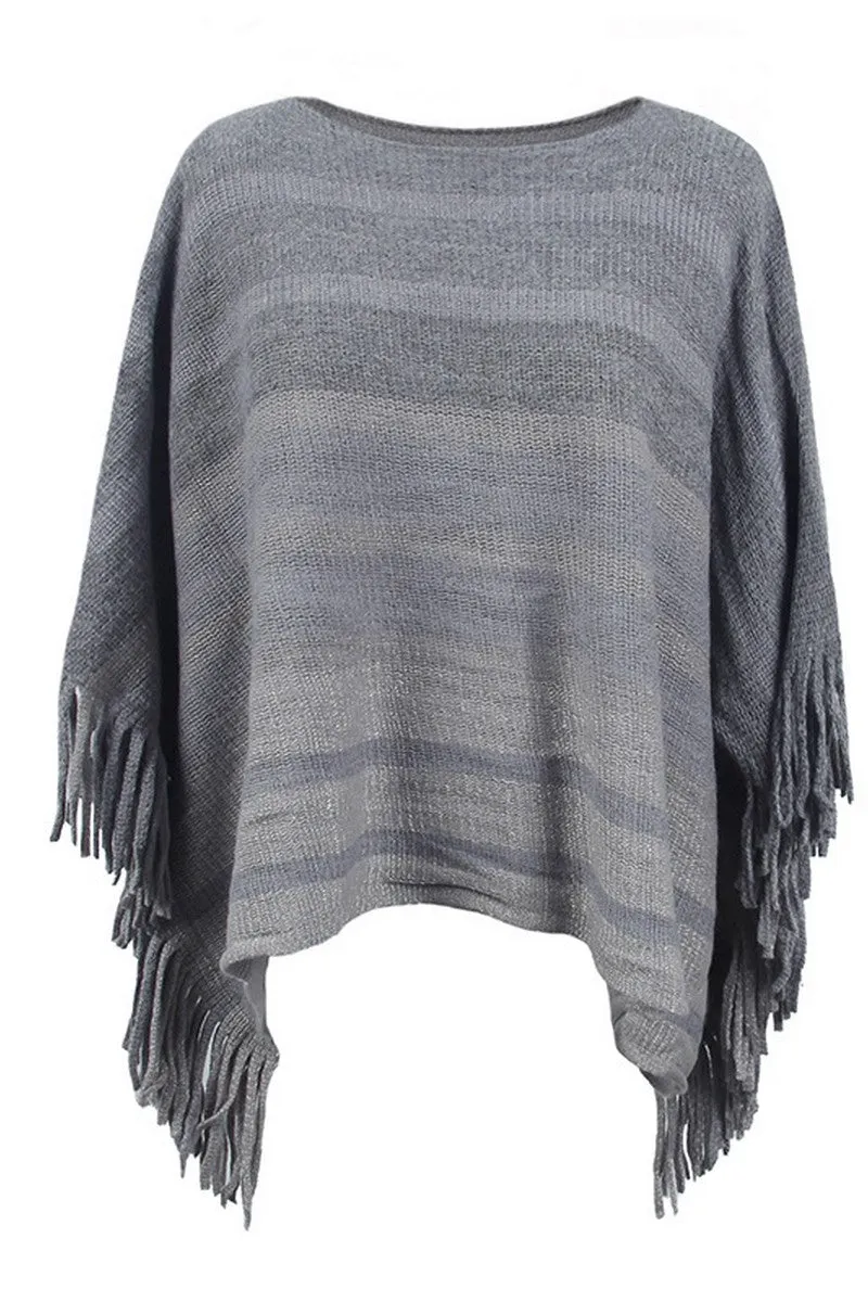 WOMEN STRIPE COLOR BLOCK TASSEL PONCHO SHAWL QuickRelease Closure AntiStatic Weave