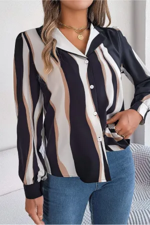 Odor Control Technology WOMEN STRIPE PATTERNED BUTTON DOWN OFFICE BLOUSE