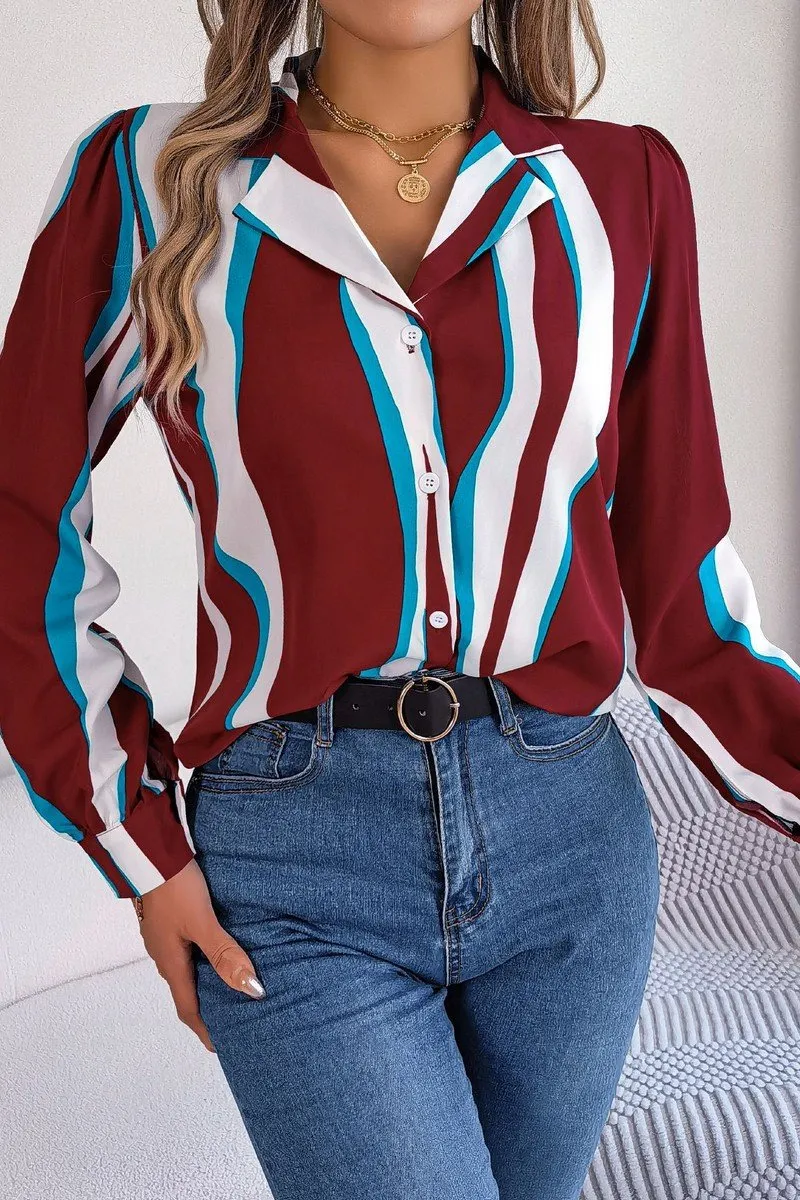 Long Sleeve Shirt standard fit WOMEN STRIPE PATTERNED BUTTON DOWN OFFICE BLOUSE