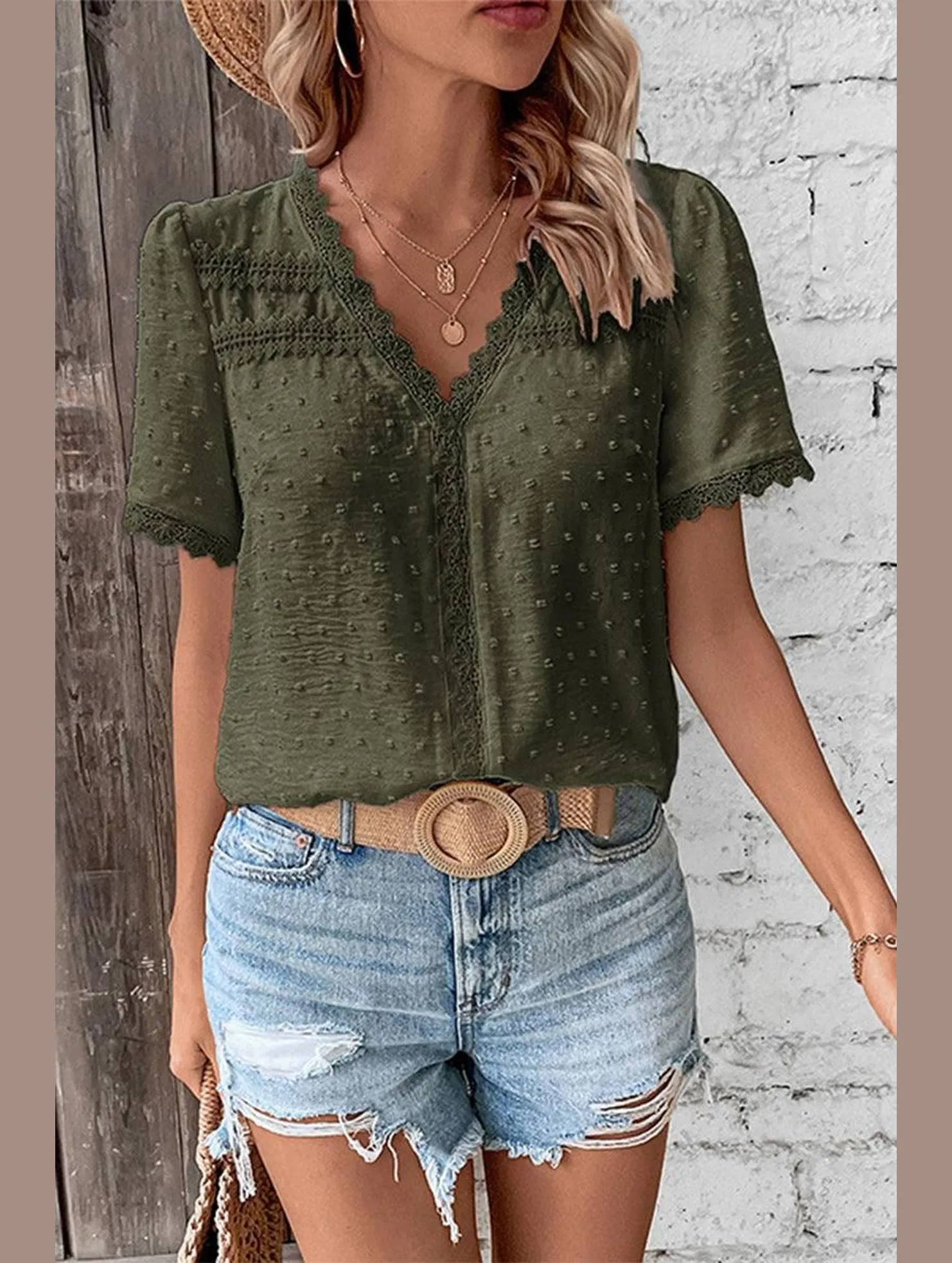 OdorResistant Hygroscopic Inner Layer WOMEN SWISS DOT LACE TRIM NECK SHORT T SHIRT
