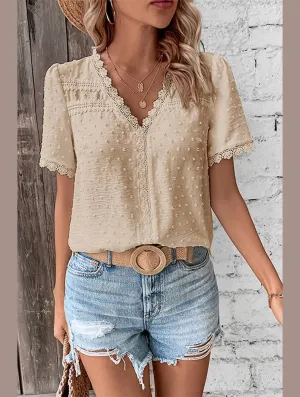 Low Profile Waistband Integration TemperatureRegulating WOMEN SWISS DOT LACE TRIM NECK SHORT T SHIRT