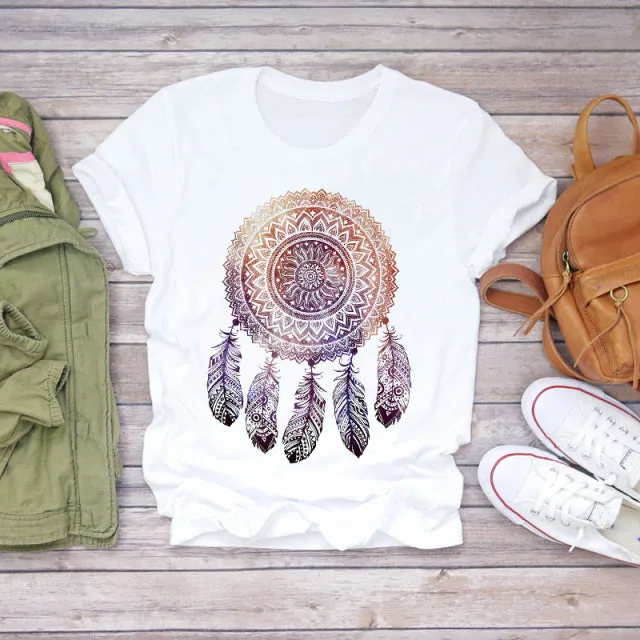 Women T Shirt Feather Print Summer Short Sleeve Fashion Lady T-Shirts Top Tee