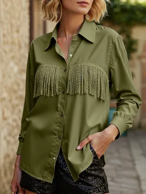 WOMEN TASSEL DETAILED BUTTON UP BLOUSE SHIRTS Durable Reinforced Elbow Patches NonPill Surface Treatment