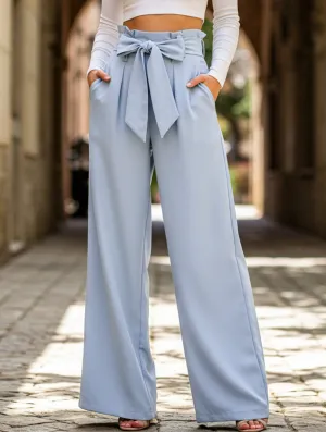 WOMEN TIED WAIST WIDE LEG OFFICE WORK PANTS MoistureWickingFabric Cozy Casual