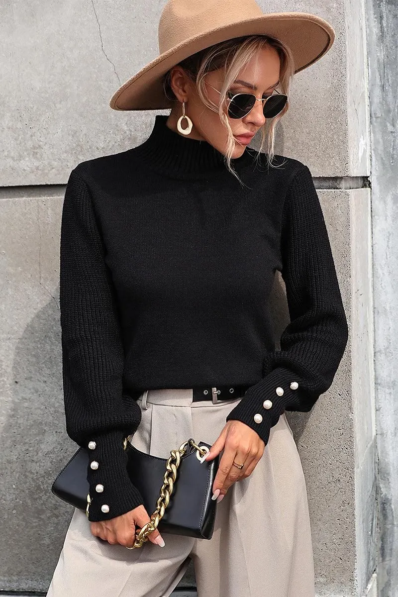 Layered Panel Construction WOMEN TURTLE NECK FITTED RIB SLEEVE KNIT SWEATER