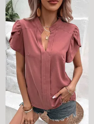 WOMEN V NECK PETAL TULIP SLEEVE T SHIRT Breathable Knit Fabric