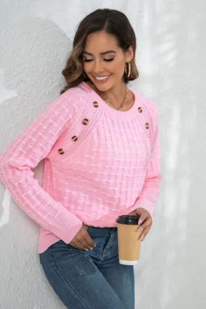 MultiPocket Configuration WOMEN WAFFLE LONG SLEEVE BUTTON PULLOVER SWEATER