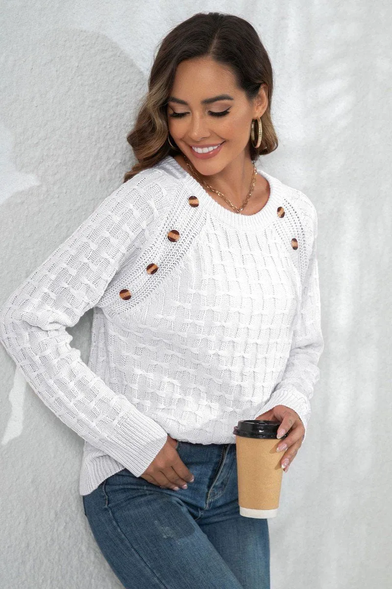 WOMEN WAFFLE LONG SLEEVE BUTTON PULLOVER SWEATER Raglan Sleeve Non Irritating Seam Finish