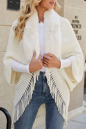 Active Design Fray Resistant Edges WOMEN WINTER FURRY TASSEL DETAILED SHAWL WRAP