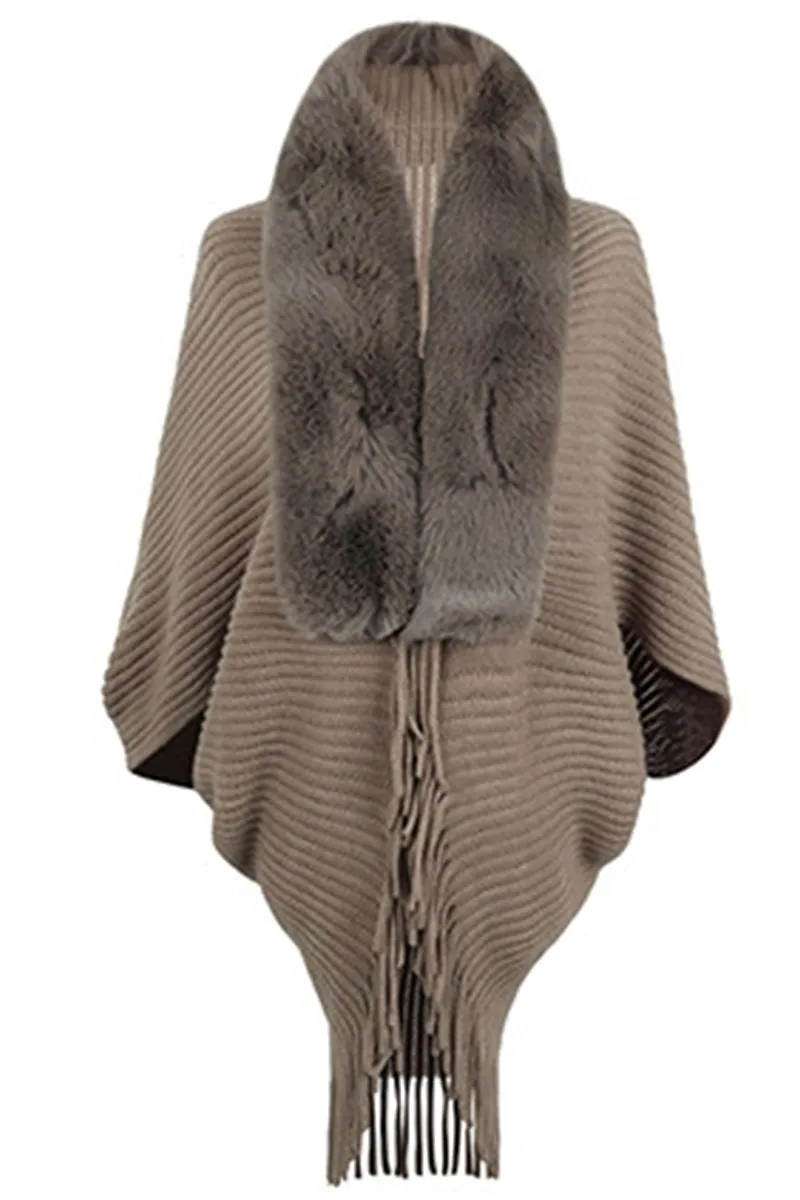 WOMEN WINTER FURRY TASSEL DETAILED SHAWL WRAP Ethically Sourced Yarn