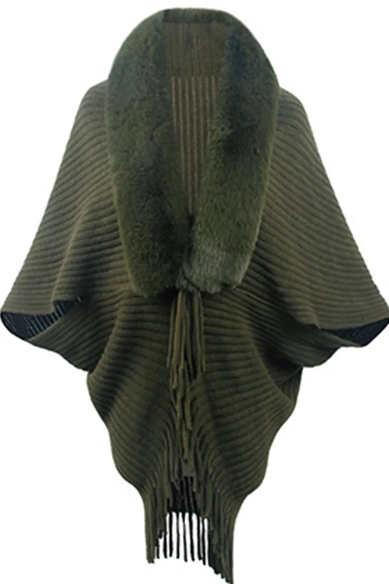 WOMEN WINTER FURRY TASSEL DETAILED SHAWL WRAP Sweat Absorbing Lining